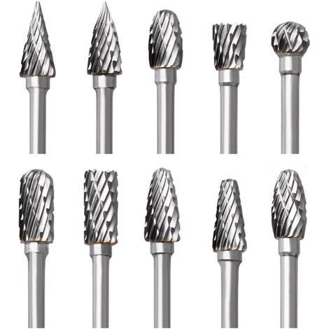 Fraises en Carbure de Tungstène pour Dremel, 10 Pièces Fraises Rotatives à Double Coupe avec Tige de 1/8" pour Sculpture sur bois, Gravure, Perçage, Polissage, Travail du métal-Chrom (1/5)