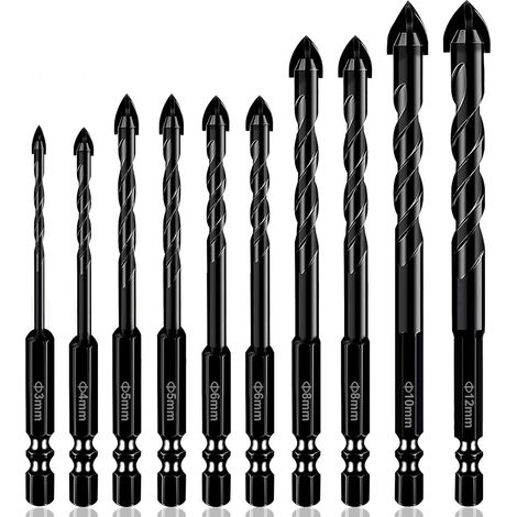 Lot de 10 forets professionnels pour brique et carrelage en céramique, béton et verre pour carrelage en porcelaine, murs de brique, plastique, bois (3/4/5/5/6/6/8/10/12 mm) (1/5)