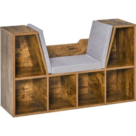 Bibliothèque-coffre 2 en 1 avec coussins, meuble cube 6 casiers ouverts, 102 x 30 x 61 cm, chêne rustique (1/5)