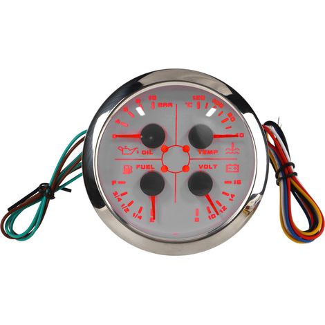 Jauge multifonction 4en1 85mm : niveau carburant, pression huile, température eau, voltmètre DC 9-32V pour voiture camping-car bateau moto blanc argent ℃/BAR (1/5)