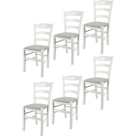 Tommychairs - Set 6 sedie modello Cuore per cucina bar e sala da pranzo, robusta struttura in Legno di faggio laccato bianco e seduta rivestita in tessuto colore grigio perla