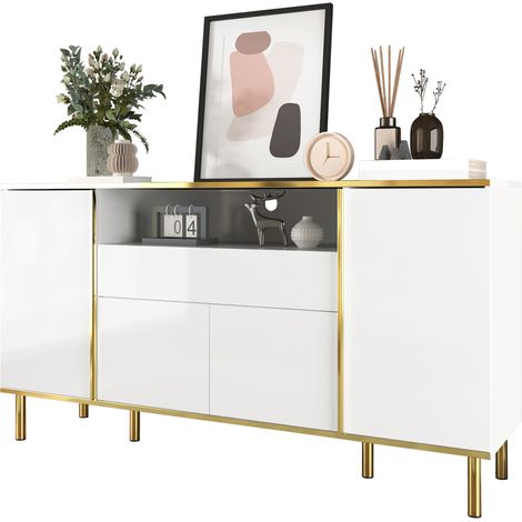 Buffet blanc brillant 150 cm, commode avec éclairage led, 4 portes et 1 tiroir, pieds dorés (1/5)