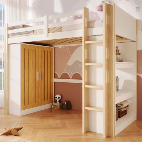 Lit mezzanine 90x200cm, avec lumières LED, armoire, étagère, garde-corps de sécurité，sans matelas, blanc+naturel
