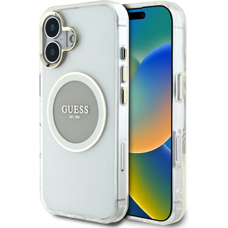 Custodia Guess IML con cerchio in metallo colorato e logo classico MagSafe per iPhone 16, grigia (1/5)