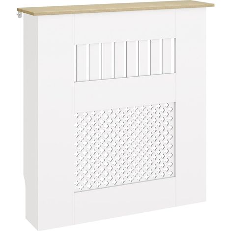 Couvercle de Radiateur en Bois, Cache Radiateur Moderne à Lattes avec Détails Croisés et Étagère Supérieure, pour Salon, Chambre à Coucher, Couloir, 78 x 19 x 81 cm, Blanc (1/5)