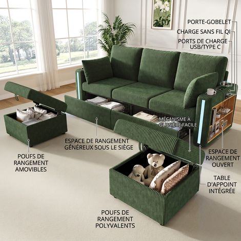 Canapé modulable 5-6 places en U ou L velours côtelé vert avec rangement, LED, USB et poufs pour salon (1/5)