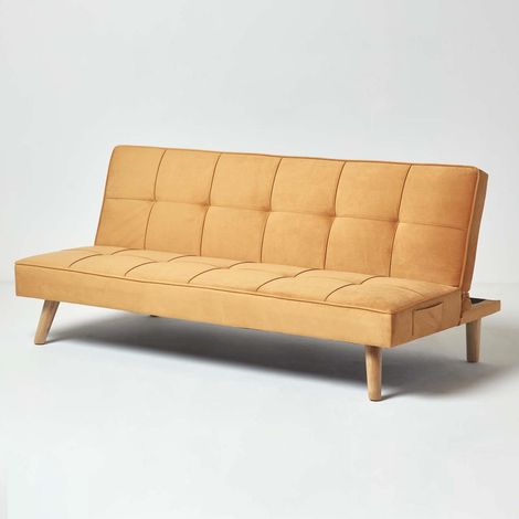 HOMESCAPES Murphy Velvet Sofa Bed with Armrests, Dark Red - Mustard Gold - Mustard Gold (1/4)