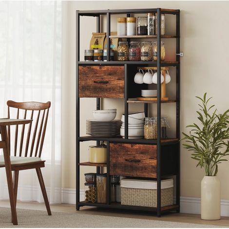 Étagère de rangement 72.5x30x150 cm brun rustique en bois avec 9 niches ouvertes et 2 tiroirs en tissu (1/5)