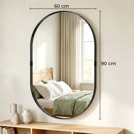 Miroir mural, miroir décoratif 60 x 90 cm en verre trempé et cadre en aluminium, pour chambre, salon, couloir, noir (1/5)