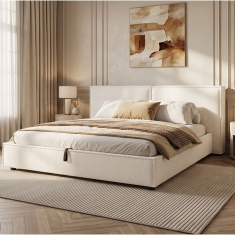Lit coffre 180x200 cm en bouclé blanc, hydraulique gain de place pour chambre FloraGrace (1/5)