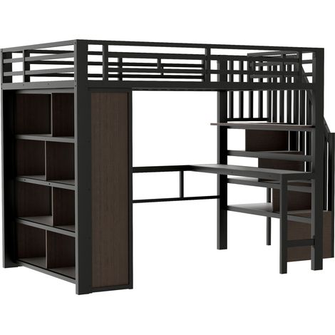 Cama alta 140 x 200 cm de metal con escritorio, estantes y LED negra (1/5)