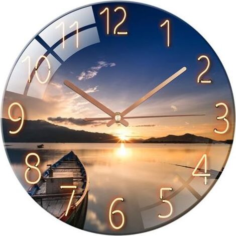 12 Zoll geräuschlose Glaswanduhr für Wohnzimmer und Küche, modernes Design, 30 cm Quarz-Hängeuhr, schlank (Meereswunder) (Sonnenuntergang) (1/5)