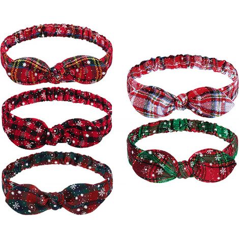 6 diademas de algodón suave con estampado de copos de nieve, lazo retro y elástico ajustable, ideales para fiestas navideñas. (1/5)