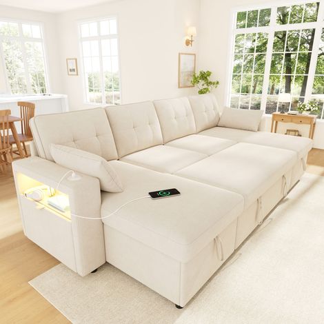 Canapé d’angle convertible 4 places 273 x 131 x 83 cm, en U, double méridienne, coffre, LED, USB/Type-C, rangement accoudoirs, chenille, Beige (1/5)