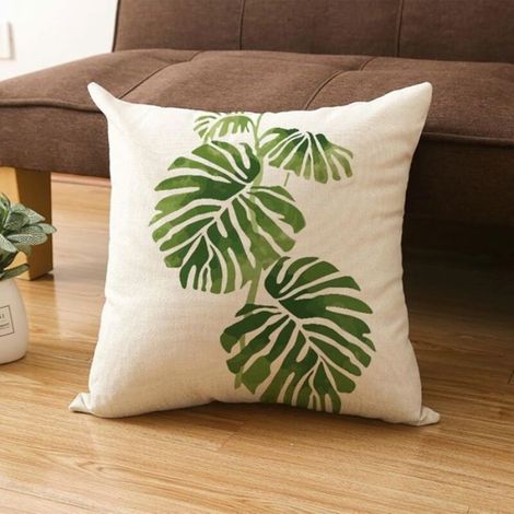 Housse De Coussin - Lin - Motif Fleurs Et Feuilles - Vert Violet - 45x45 Cm - Fermeture Eclair Invisible (1/4)