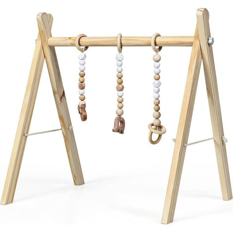 GOPLUS Portique d’Eveil Bebe Pliable en Bois, avec 3 Anneaux de Tirage de Jeu, Structure Triangulaire Stable, Arche d’Eveil pour Bebes Plus de 3 Mois, sans BPA, 60 x 44 x 60 CM (Naturel) (1/2)
