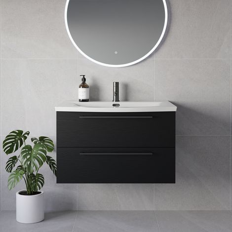 Napoli 390 Nero Oak 800mm Wall Mounted 2 Drawer Vanity Unit with Arc Basin - 800mm - Gunmetal Grey 480mm Handle