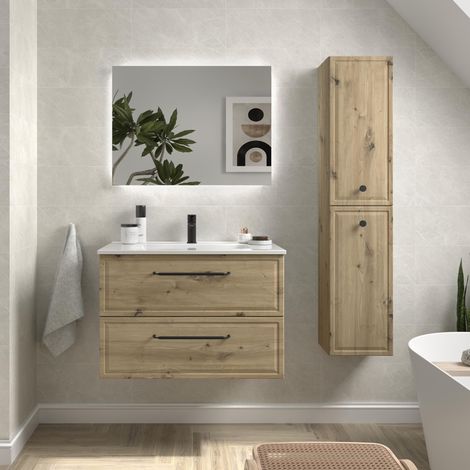 Mueble de Baño RUNA 80cm Roble 2 cajones Lavabo 1 poza Porcelana (1/5)