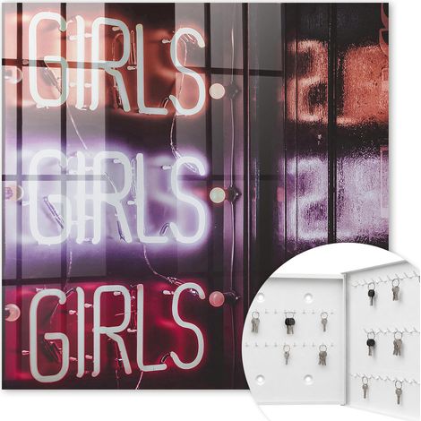Armoire à clés - (30 cm x 30 cm) - Boîte à clés murale - Coffret de rangement pour clés - Couleur blanche - Ouverture vers la droite - Pour maison et bureau - Inscription au néon (1/5)
