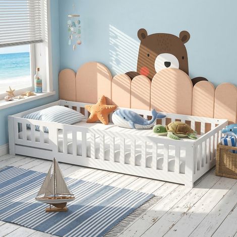 JOOKGBD- Kinderbett 80x160 cm, Bodenbett mit Rausfallschutz und Lattenrost, Montessori-Bett aus massivem Kiefernholz, für Jungen- und Mädchenzimmer, Weiß