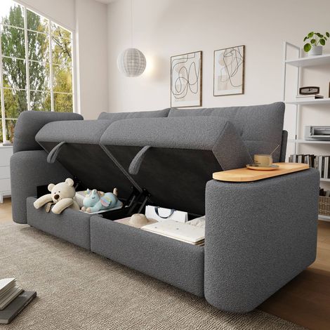 Canapé modulaire 3 places convertible rangement accoudoirs-tablettes tête réglable gris salon (1/4)