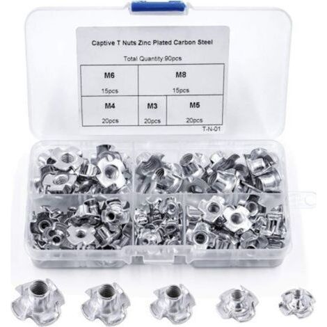 90pcs Ecrou en T 4 Griffes, Ecrous en T en Acier au Carbone, M3/M4/M5/M6/M8, Travail du Bois Meuble, Écrou Inserts en Acier au Carbone T (1/4)