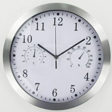 Runde Quarz-Wanduhr, geräuschlose Aluminium-Wanduhr für den Innenbereich mit Thermometer und Hygrometer für Wohnzimmer, Küche, Büro (weiß) (1/5)