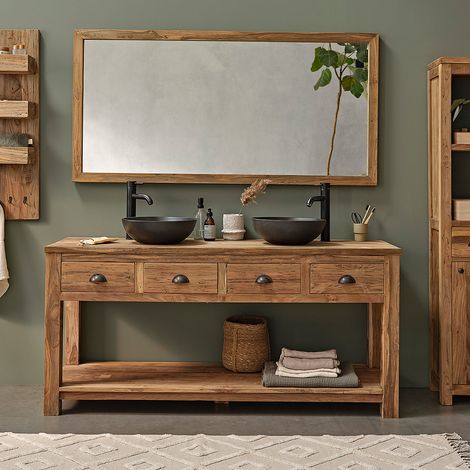Meuble de salle de bain en teck recyclé massif 165 cm (1/5)