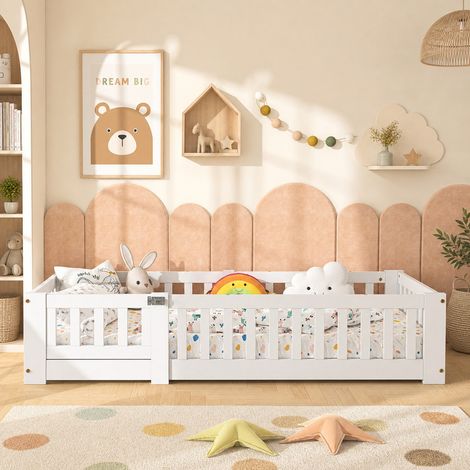 Lit enfant 120x200 cm avec barrière antichute et sommier à lattes, lit montessori en pin massif blanc pour chambre