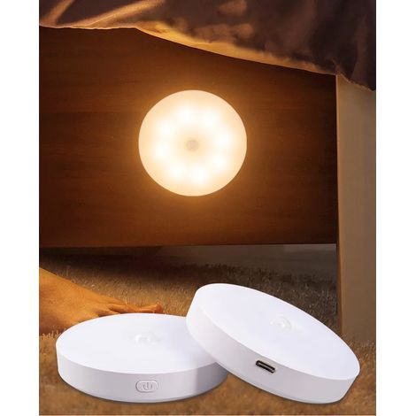 Deux veilleuses LED avec détecteurs de mouvement, interface USB-C, lumière jaune chaude, éclairage sans fil pour meubles, adaptées aux escaliers, couloirs, cuisines et dressings. (1/4)