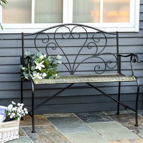 Banc de jardin 2 places en fer forgé style vintage, noir