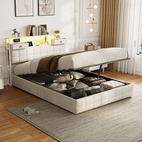 Letto matrimoniale con contenitore - Velluto beige 140x200 - Cassettone idraulico - LED RGB - Porte USB - Rete inclusa