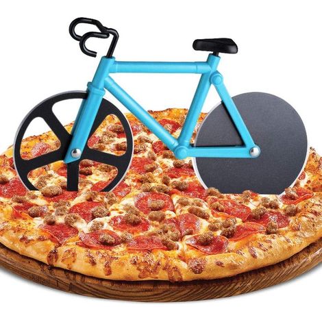 Fahrrad-Pizzaschneider, Pizzaschneider aus Edelstahl, lustiger Pizzaroller mit Antihaftbeschichtung, Doppel-Pizzaschneider mit scharfem Rad und Ständer als Geschenk für Weihnachtsfeiern (blau) (1/5)