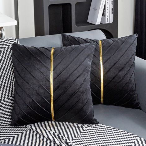 Housse Coussin 45x45 Noir Velours Moderne Coussins de Canapé Or Décoratifs Doux d'automne Taies d'oreiller pour Canapé Chambre Salon Lit, Lot de 2 (1/4)