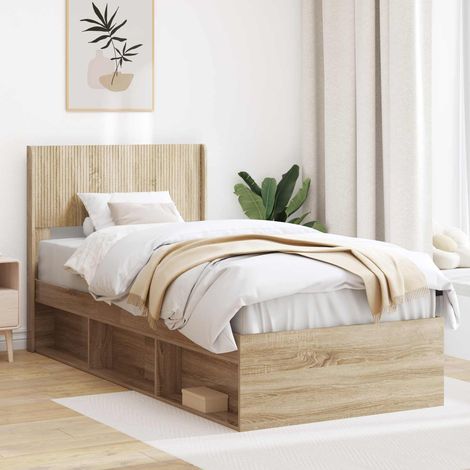 Cadre de lit avec rangement 90 x 190 cm et tête de lit en bois d’ingénierie chêne Sonoma - PANGIVO (1/5)
