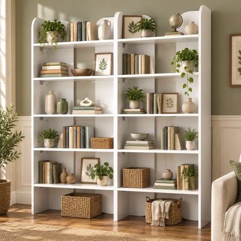 Librería blanca de 5 niveles con separadores centrales, estantería abierta de 135 × 25 × 160 cm para salón, despacho y oficina, de tablero de partículas FLORAGRACE (1/5)