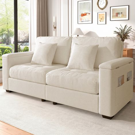 Canapé 2 places moderne 180 cm beige en chenille avec rangement et 2 coussins (1/5)