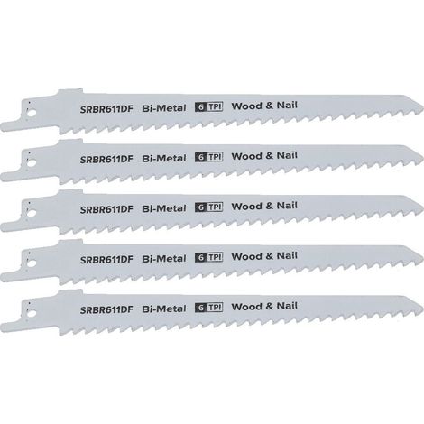 Reciprocating Saw Blade Wood and Nail 6tpi 150mm Length Bi Metal Pack of 5 (1/4)