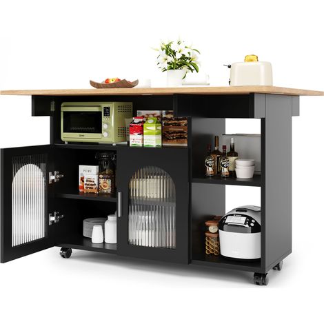 ELVMI Carrello da Cucina con 2 Ante, 3 Vani, Piano Ribaltabile e Ruote, in MDF e Vetro, 120 x 30 x 79.5 cm, Nero e Naturale (1/5)