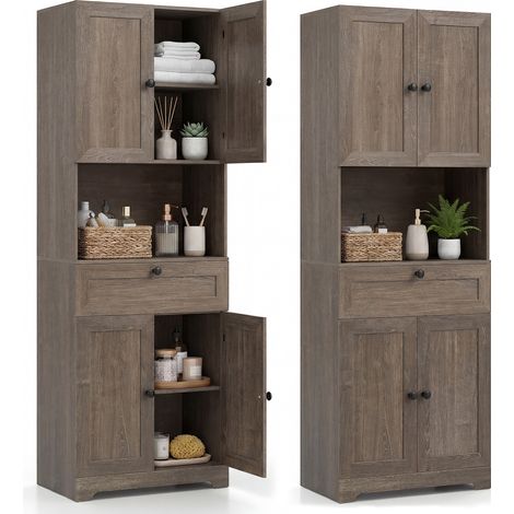 COSTWAY Tall Grey Bathroom Cabinet Freestanding Storage Cabinet Modern Wooden Storage Organizer (1/5)