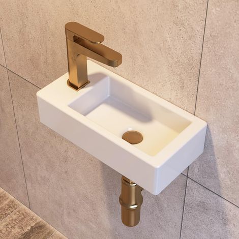 Small Bathroom Sink DeerValley, 15"x7" Mini Rectangle Wall Mount Vessel Sink for Bathroom Powder Room Cloakroom, Floating Space Saving Design, Easy to Clean White Ceramic Wash Basin (Left Hand) (1/5)