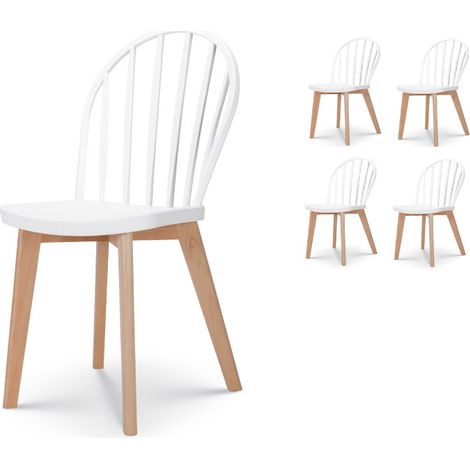 Kosmi – Lot de 4 chaises de salle à manger blanches – Pieds en bois naturel – Assise en résine arrondie – Dossier incurvé pour confort