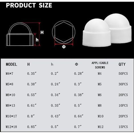 145 Pièces Cache Boulons Capuchon à Vis, Plastique Écrous Dôme, Ecrou Protection Hexagonal, Boulons Capuchon Écrou de Boulons Noir pour Machines Meubles Véhicules - M4/M5/M6/M8/M10/M12 (Blanc) (1/3)