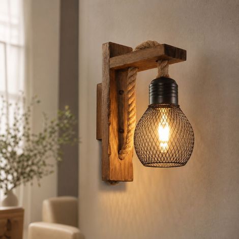 Applique murale industrielle rétro en bois et corde, abat-jour grillage métal, E27, 3500K, pour couloir salon chambre (1/5)