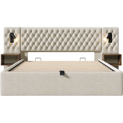 Polsterbett 160 x 200 cm Beige Samt mit 2 Nachttischen, Leselampen und Matratze (1/5)