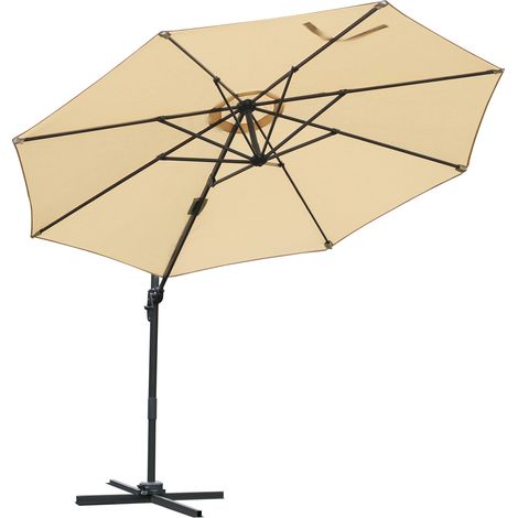 Achteckiger Freiarm-Sonnenschirm, 360° neig- und drehbar, mit 8-fach kreuzförmigem Fuß, Kurbelgriff und Aluminiumrahmen.