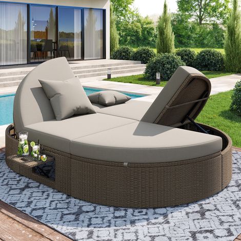 Chaise longue double rotin étagère latérale table pliante,dossiers modulables individuellement,lit jour extérieur jardin terrasse.