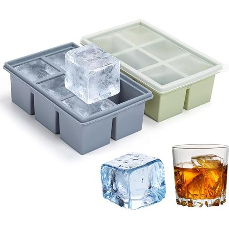 Bac à Glaçons XXL de avec Couvercle, Moule Glaçons Carrés 6 cm, Gros Glaçons pour Whisky, Cocktail, Bar Maison, Sans, Réutilisable (1/5)
