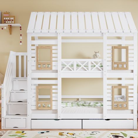Cama litera infantil estilo casita de madera y MDF blanco+natural 90x200 cm con ventanas, escalera con almacenaje y 2 cajones (1/5)
