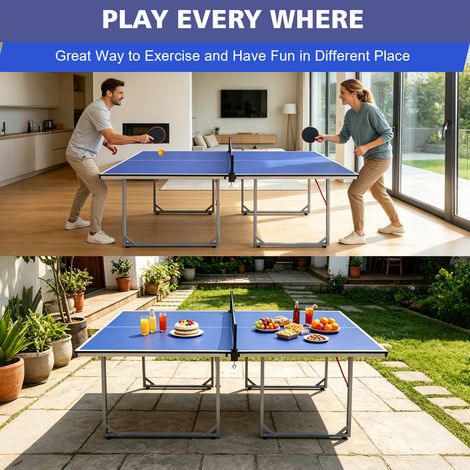 Table de ping-pong pliante 182 x 91 cm avec filet, 2 raquettes et 3 balles, bleue OKMYHOME (1/5)
